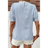 Summer 2025 Women's Lace Splice Printed Chiffon Top Five-Quarter Sleeve Round Neck Commute Style Loose Fit Casual Fashion main image 4