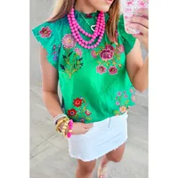 Summer 2025 Women's Loose Casual Floral Print Blouse Ruffle Hem Round Neck Three Quarter Sleeve Tunic Top  Style main image 2