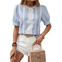 Summer 2025 Women's Lace Splice Printed Chiffon Top Five-Quarter Sleeve Round Neck Commute Style Loose Fit Casual Fashion main image 5