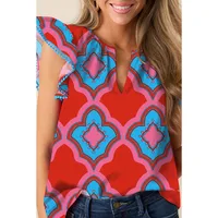 Summer New V-neck Women's T-shirt Abstract Print Chiffon Casual Style Three-quarter Sleeve Floral Lace Hemline Fashion Trend main image 1