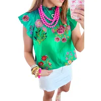 Summer 2025 Women's Loose Casual Floral Print Blouse Ruffle Hem Round Neck Three Quarter Sleeve Tunic Top  Style sku image 1