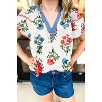 Summer New Style V-neck Chiffon Top Women's Casual Floral Print Overhead Shirt Loose Fit Three-quarter Sleeve Regular Length main image 1