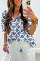 Summer 2025 Women's V-neck Half-sleeve Pullover Abstract Print Casual Chiffon Top Loose Fit Regular Sleeve Length Five main image 3