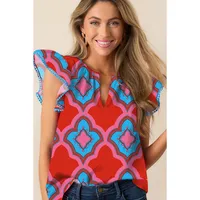 Summer New V-neck Women's T-shirt Abstract Print Chiffon Casual Style Three-quarter Sleeve Floral Lace Hemline Fashion Trend main image 2