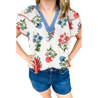 Summer New Style V-neck Chiffon Top Women's Casual Floral Print Overhead Shirt Loose Fit Three-quarter Sleeve Regular Length sku image 4