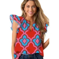 Summer New V-neck Women's T-shirt Abstract Print Chiffon Casual Style Three-quarter Sleeve Floral Lace Hemline Fashion Trend sku image 1