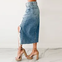 Summer New High Waist Solid Color Mini Skirt Women's Personality Trendy Asymmetrical Hole Denim Skirt Cotton Polyester Fabric main image 2
