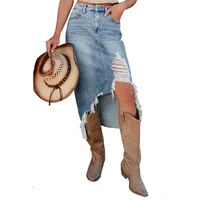 Summer New High Waist Solid Color Mini Skirt Women's Personality Trendy Asymmetrical Hole Denim Skirt Cotton Polyester Fabric main image 4
