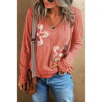 Early Autumn 2025 Women's V-neck Long Sleeve Hoodie Casual Floral Patchwork Polyester Rayon Loose Fit Comfortable Sweatshirt main image 2