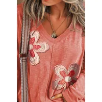 Early Autumn 2025 Women's V-neck Long Sleeve Hoodie Casual Floral Patchwork Polyester Rayon Loose Fit Comfortable Sweatshirt main image 3