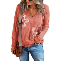 Early Autumn 2025 Women's V-neck Long Sleeve Hoodie Casual Floral Patchwork Polyester Rayon Loose Fit Comfortable Sweatshirt main image 5