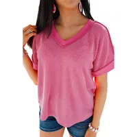 Summer New Loose Knitted V-Neck Short Sleeve T-Shirt Women's Pure Color Texture Pullover Casual Style Polyester Rayon Fiber main image 4