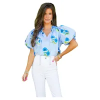 Summer 2025 Women's V-Neck Bubble Sleeve Printed Chiffon Top Fashionable Versatile Loose Fit Casual Style Three-Quarter Length main image 4