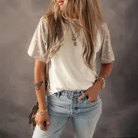 Summer New Floral Print Overhead Shoulder Sleeve Women's T-shirt Round Neck Short Sleeve Casual Style Loose Fit Cotton Polyester Blend main image 1