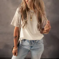 Summer New Floral Print Overhead Shoulder Sleeve Women's T-shirt Round Neck Short Sleeve Casual Style Loose Fit Cotton Polyester Blend main image 2