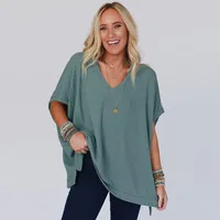 Summer New Pure Color V-Neck Ribbed Loose Women's T-shirt Casual Style Cover-Up Short Sleeve Comfortable Breathable Top main image 1