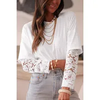 Spring 2025 Women's Long Sleeve Lace Hollow Out T-Shirt Round Neck Pullover Loose Solid Color Casual Style Cotton Polyester main image 1