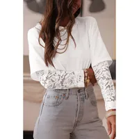 Spring 2025 Women's Long Sleeve Lace Hollow Out T-Shirt Round Neck Pullover Loose Solid Color Casual Style Cotton Polyester main image 2