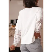 Spring 2025 Women's Long Sleeve Lace Hollow Out T-Shirt Round Neck Pullover Loose Solid Color Casual Style Cotton Polyester main image 4