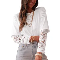 Spring 2025 Women's Long Sleeve Lace Hollow Out T-Shirt Round Neck Pullover Loose Solid Color Casual Style Cotton Polyester main image 5