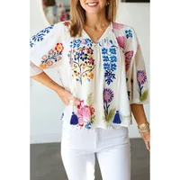 Retro  Loose Sleeve T-Shirt For Women V-Neck Oversize Top With Tassel Spring New Style Casual Floral Print main image 1