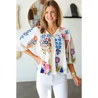 Retro  Loose Sleeve T-Shirt For Women V-Neck Oversize Top With Tassel Spring New Style Casual Floral Print main image 2