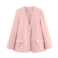 Fashionable Casual Loose Pink Suit Jacket Women's Short Outerwear Elegant V-neck Polyester Long Sleeve Dark Button Pure Color main image 3