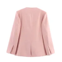 Fashionable Casual Loose Pink Suit Jacket Women's Short Outerwear Elegant V-neck Polyester Long Sleeve Dark Button Pure Color main image 4