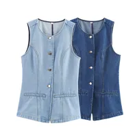 Fashionable Versatile Women's Denim Vest Top Selling European Women's Clothing Retro Style Solid Color Single Button Design main image 2
