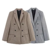 Fashionable Two-Tone Plaid Suit Jacket Elegant  Women's Clothing Pure Color Polyester Long Sleeve Short Style main image 2