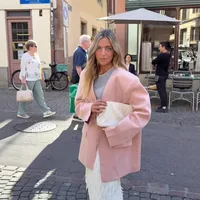 Fashionable Casual Loose Pink Suit Jacket Women's Short Outerwear Elegant V-neck Polyester Long Sleeve Dark Button Pure Color main image 1