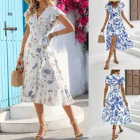 Foreign Trade  Women's Clothing   Independent Station Summer Printing Ruffled Short Sleeve Lace Dress main image 1