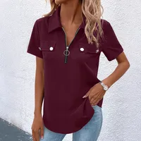 New Spring And Summer Solid Color Zipper Shirt Button Top Women Fashion Casual T-shirt Women's Clothing main image 2