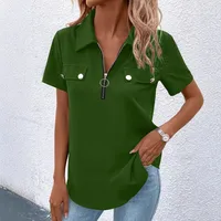New Spring And Summer Solid Color Zipper Shirt Button Top Women Fashion Casual T-shirt Women's Clothing main image 4