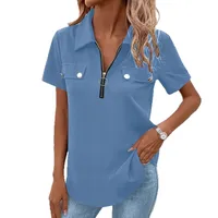 New Spring And Summer Solid Color Zipper Shirt Button Top Women Fashion Casual T-shirt Women's Clothing main image 5