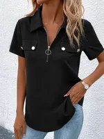 New Spring And Summer Solid Color Zipper Shirt Button Top Women Fashion Casual T-shirt Women's Clothing sku image 2