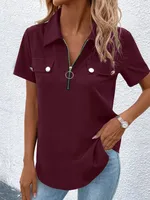 New Spring And Summer Solid Color Zipper Shirt Button Top Women Fashion Casual T-shirt Women's Clothing sku image 8