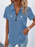 New Spring And Summer Solid Color Zipper Shirt Button Top Women Fashion Casual T-shirt Women's Clothing sku image 21