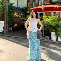 Seaside Holiday Suit French Style Drawstring Tube Top Women's Summer Blue Floral Skirt Two-piece Set main image 1