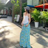 Seaside Holiday Suit French Style Drawstring Tube Top Women's Summer Blue Floral Skirt Two-piece Set main image 2