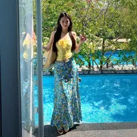 Seaside Holiday Suit French Style Drawstring Tube Top Women's Summer Blue Floral Skirt Two-piece Set main image 3