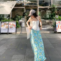 Seaside Holiday Suit French Style Drawstring Tube Top Women's Summer Blue Floral Skirt Two-piece Set main image 4