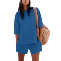 Summer  New  Foreign Trade Women's 2-piece Set Short-sleeved Top And Loop Shorts Casual Suit main image 3