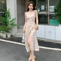 Dress  New Women's Summer French Style Retro Tight Waist Slimming Elegant Floral Split Gentle Style Slip Dress main image 4