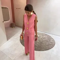 -style Suit Gold Button V-neck Knitted Vest Casual Loose Trousers Knitted Two-piece Suit main image 2