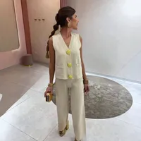 -style Suit Gold Button V-neck Knitted Vest Casual Loose Trousers Knitted Two-piece Suit main image 5