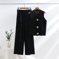 -style Suit Gold Button V-neck Knitted Vest Casual Loose Trousers Knitted Two-piece Suit sku image 1
