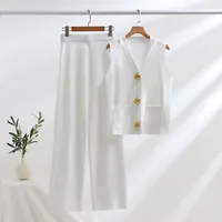 -style Suit Gold Button V-neck Knitted Vest Casual Loose Trousers Knitted Two-piece Suit sku image 5