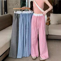 Contrast Black And White Plaid Wide Leg Pants Women's Hanging Loose Drawstring Loose High Waist Casual Pants Pink Wide Leg Pants main image 1