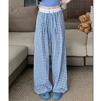 Contrast Black And White Plaid Wide Leg Pants Women's Hanging Loose Drawstring Loose High Waist Casual Pants Pink Wide Leg Pants main image 2